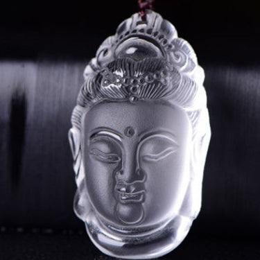 Natural Clear Crystal Carved Guanyin Pendant Necklace